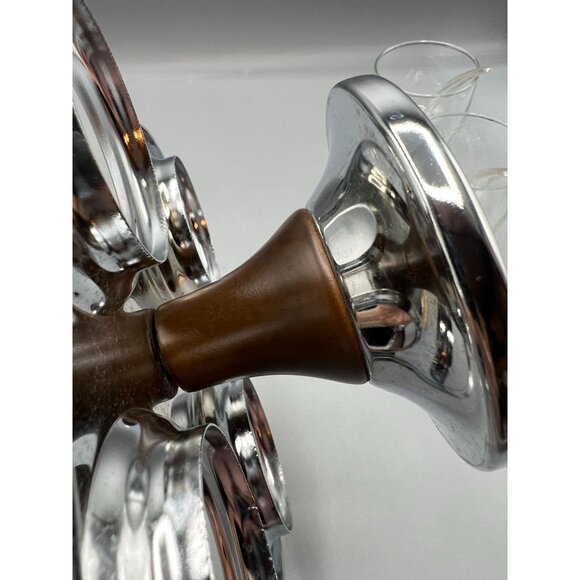 Vtg Chrome & Teak Lazy Susan Carousel Condiment Server w/ 4 Glass Bowls & Spoons - Picture 4 of 10
